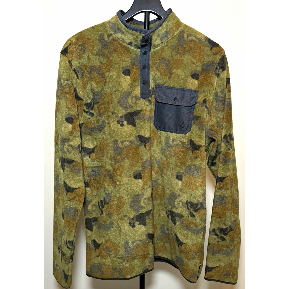 Volcom Men's Fleece Pullover Sweatshirt Button Mock Neck Camo Pockets L Perfect